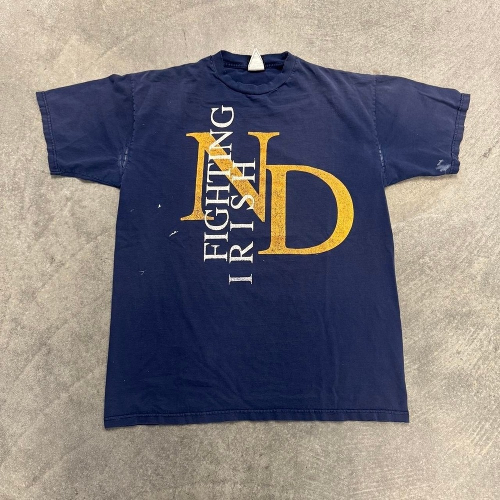 Vintage Notre Dame Distressed Graphic T-Shirt Navy Blue Big Print Indiana XL